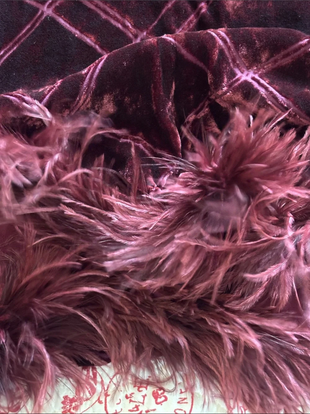 Vintage Wraps/Scarf Bundle: Burgundy Velvet Fringe/Feather & Copper Fringe Wrap